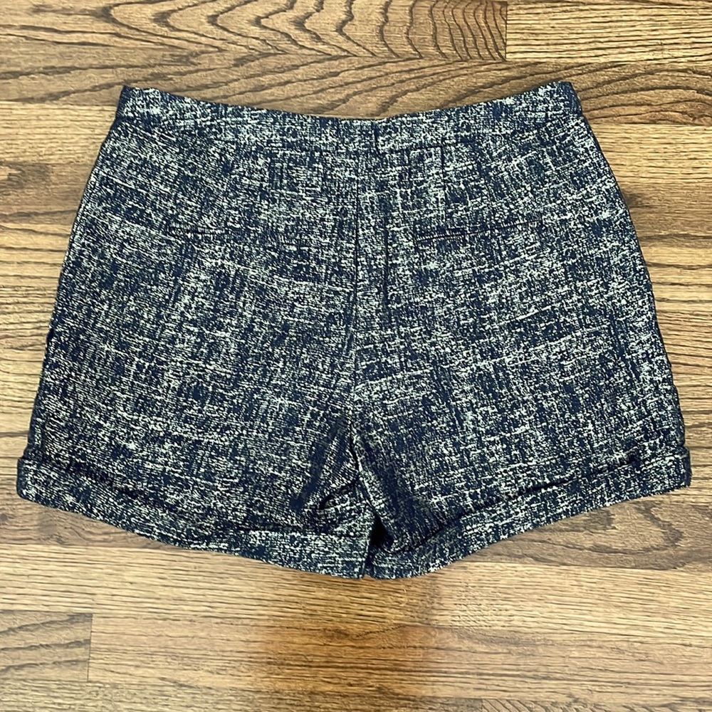 Anthropologie Coquille Midnight Blue & Metallic Light Gold Pleated Dress Shorts - Picture 3 of 6